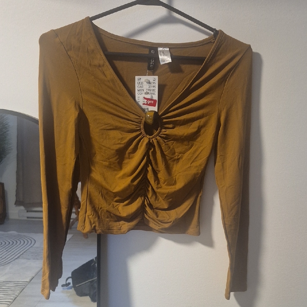 Divided Mustard Ruched Long Sleeve Blouse